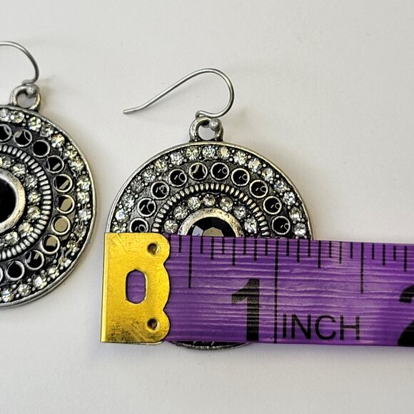 Silver and Black Oxidised Circular Drop Earrings - Picture 7 of 9